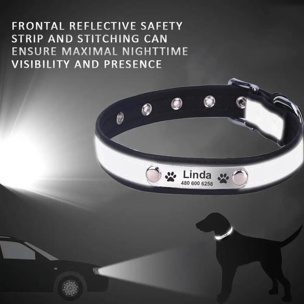 Personalized Dog Collar Leather Reflective Cat Collar Custom Engraved ID Tag Engraved For Puppy Large Dogs Pet accessories