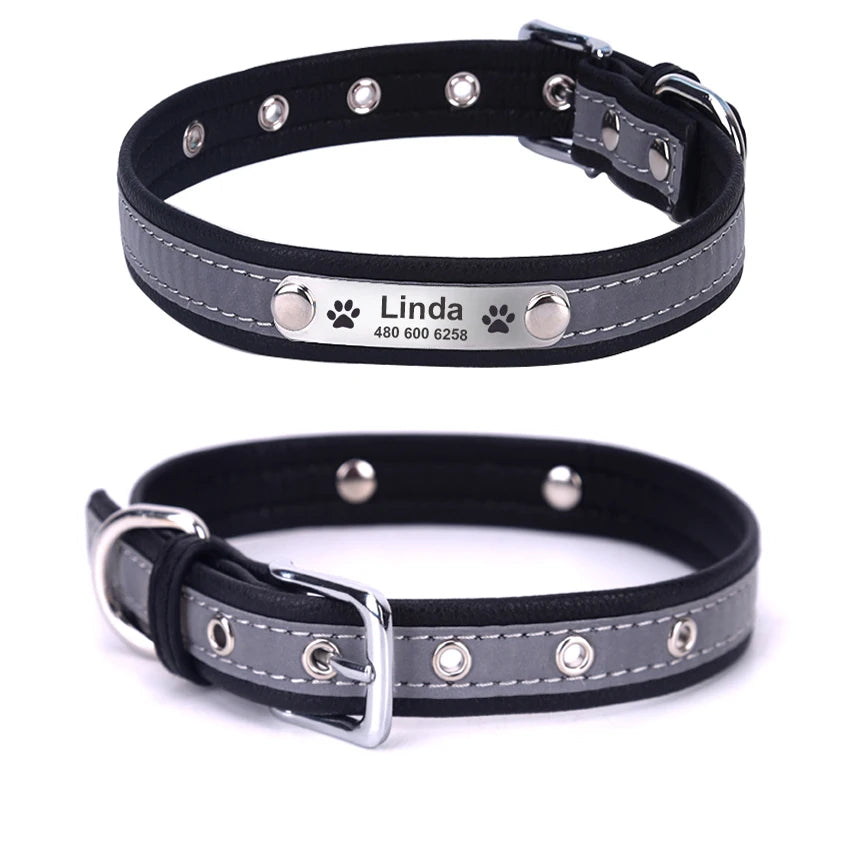 Personalized Dog Collar Leather Reflective Cat Collar Custom Engraved ID Tag Engraved For Puppy Large Dogs Pet accessories