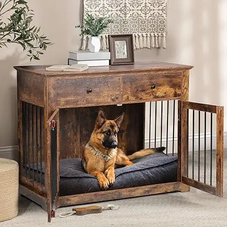 44 Inch Large Dog Crate Furniture, Wooden Dog Kennel End Table with Storage Drawers, Decorative Pet Cage Dog House Indoor for D