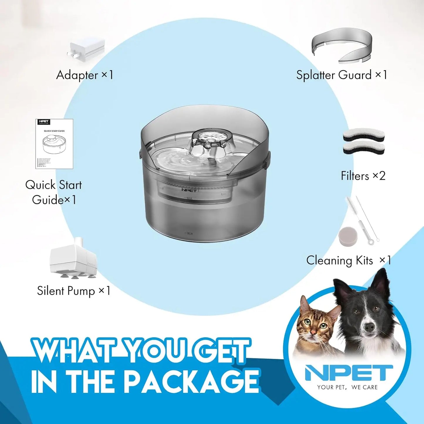 NPET DF30 Dog Water Fountain, 2 Gallon/270oz/8L Large Automatic Dog Water bowl with Splatter Guard for Large Dogs