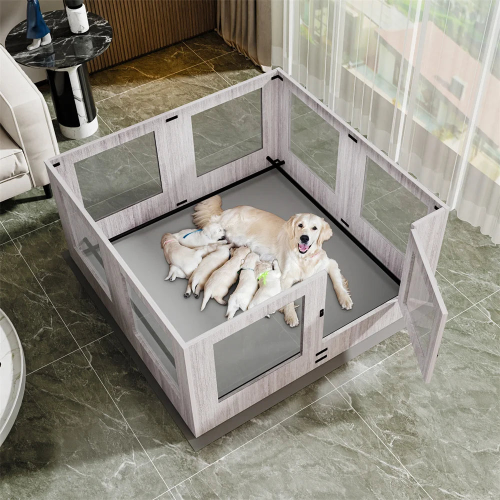 Heavy Duty Dog Whelping Box Indoor Tempered Glass Pet Dog Playpen Kennel Cage Training Enclosure Fence Rails with Waterproof Mat