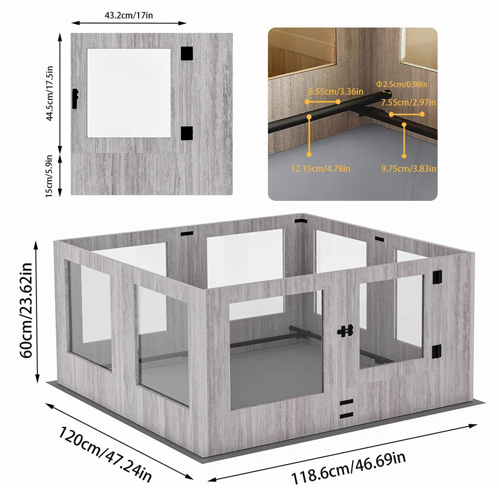 Heavy Duty Dog Whelping Box Indoor Tempered Glass Pet Dog Playpen Kennel Cage Training Enclosure Fence Rails with Waterproof Mat