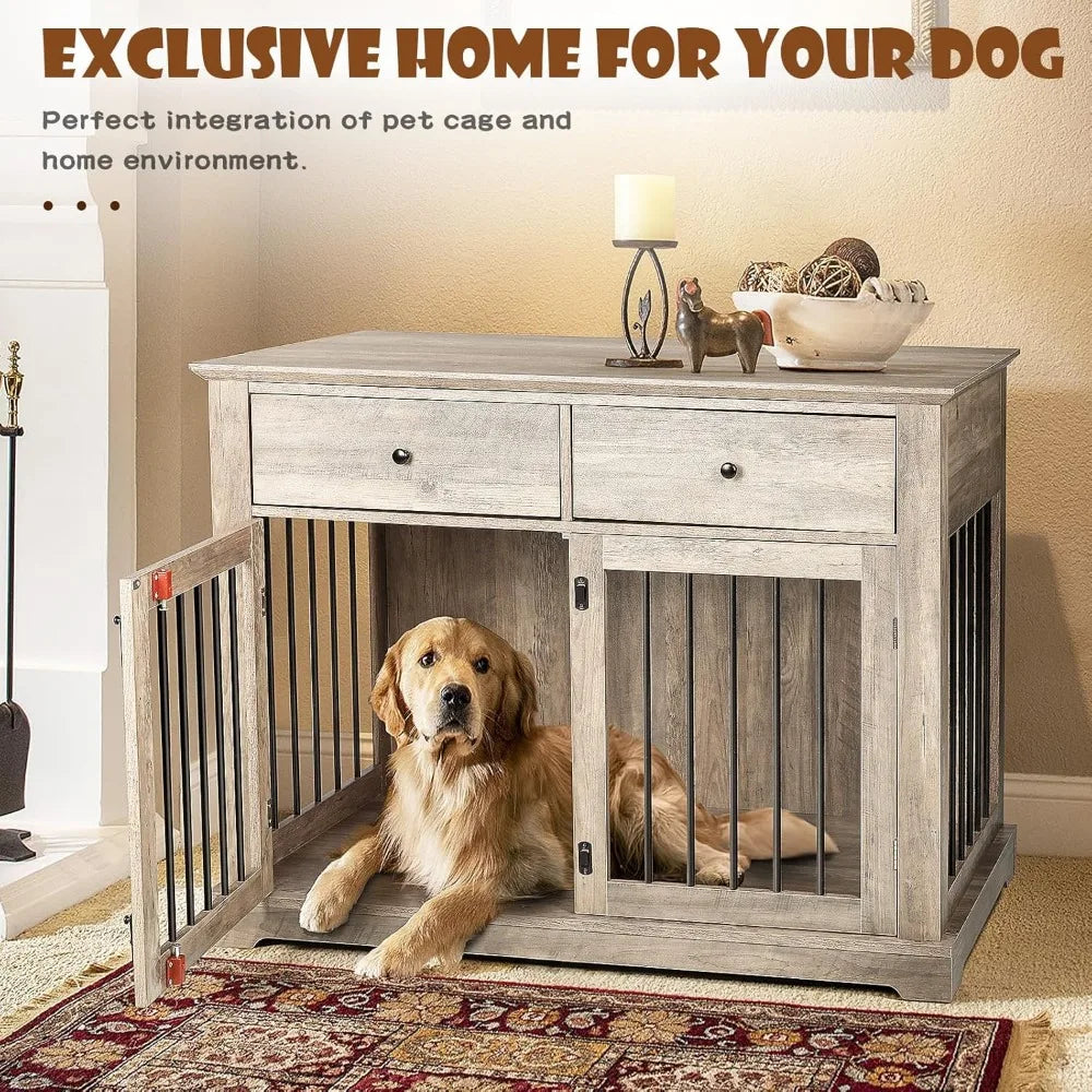 44 Inch Large Dog Crate Furniture, Wooden Dog Kennel End Table with Storage Drawers, Decorative Pet Cage Dog House Indoor for D