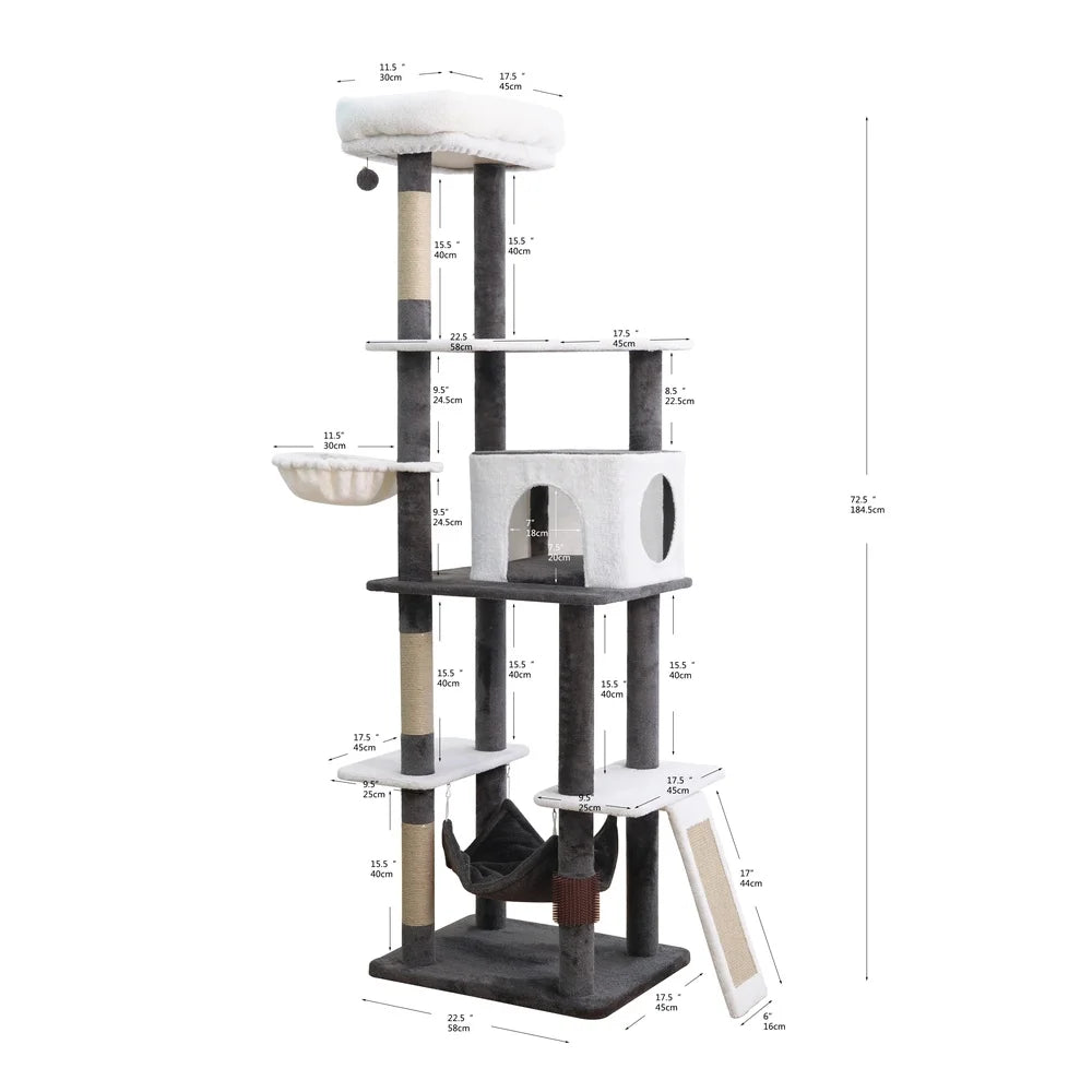 5-Level Cat Tree Sanctuary with Condo Hammock Perch Scratching Posts Plush Sofa Bed Teaser Toy Durable Jute Sisal Mat Multiple