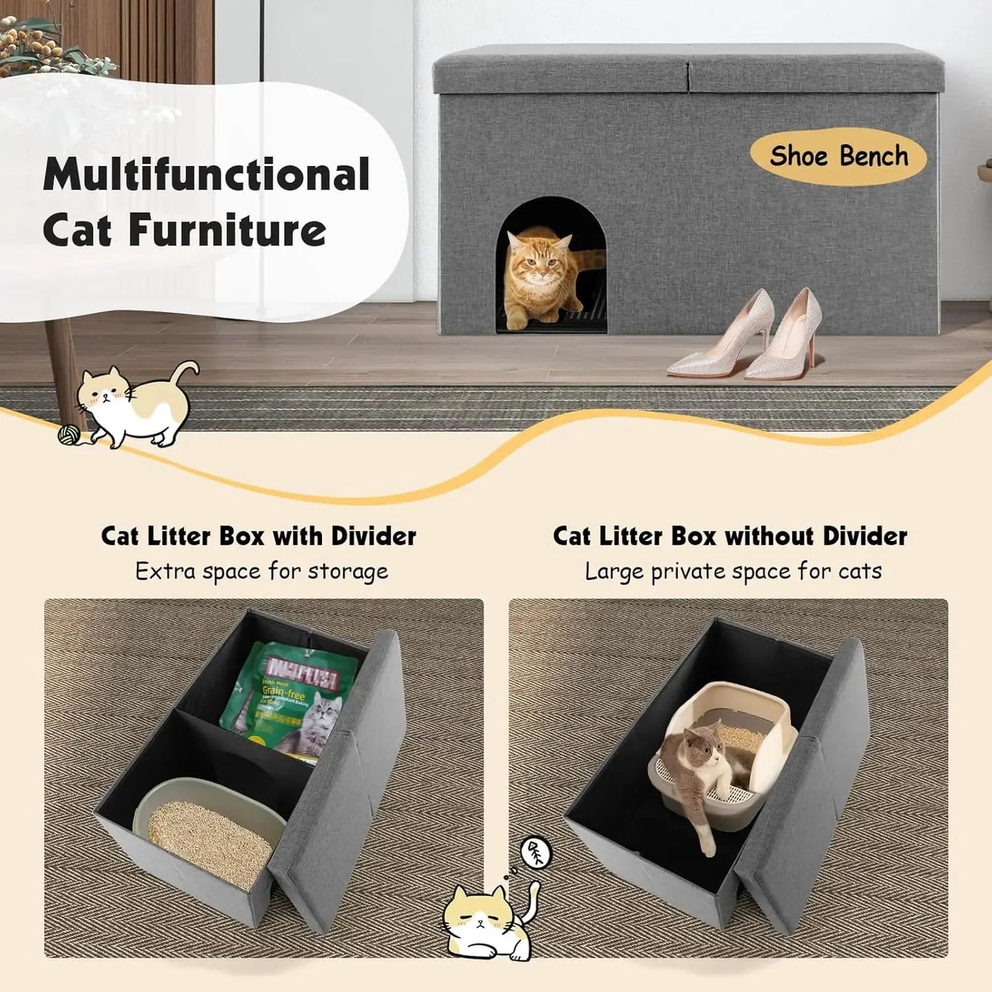 Cat Hidden Litter Box Enclosure Furniture, Cat Washroom Storage Bench with Urine Proof Litter Mat and Smell Control Carbon