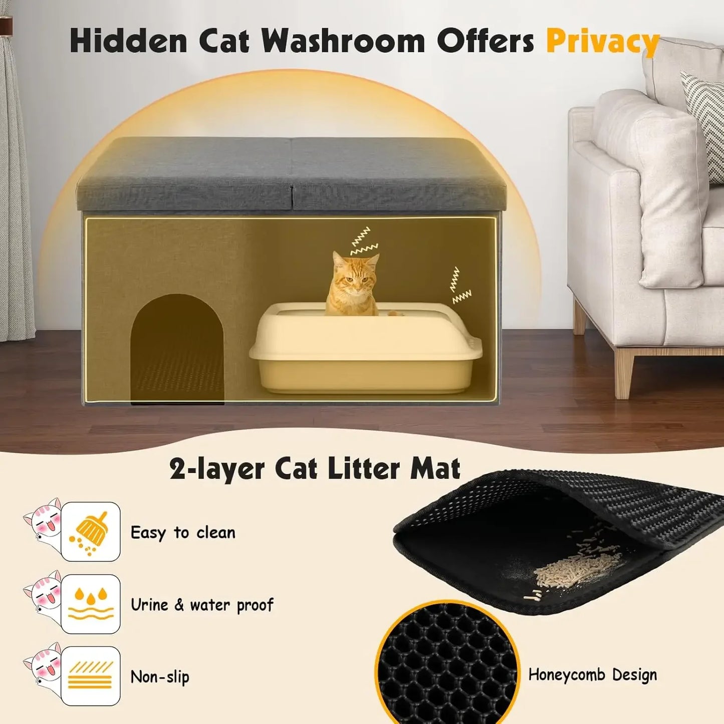 Cat Hidden Litter Box Enclosure Furniture, Cat Washroom Storage Bench with Urine Proof Litter Mat and Smell Control Carbon