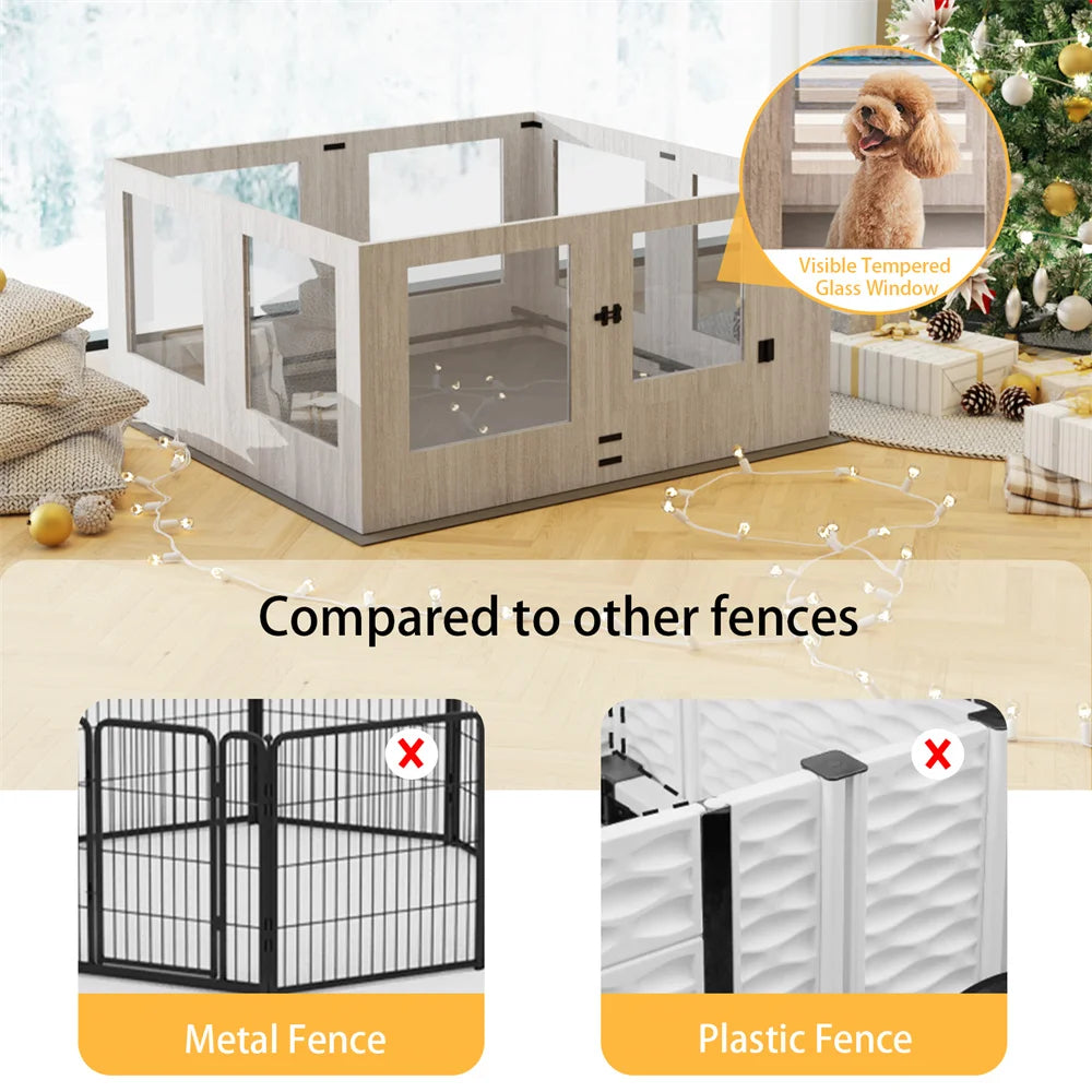 Heavy Duty Dog Whelping Box Indoor Tempered Glass Pet Dog Playpen Kennel Cage Training Enclosure Fence Rails with Waterproof Mat