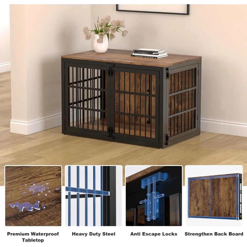 Heavy Duty Dog Crate Furniture, 47 Inch Wooden Dog Cage Kennel for Lrage and Extra Large Dogs, Decorative Pet House Furniture In