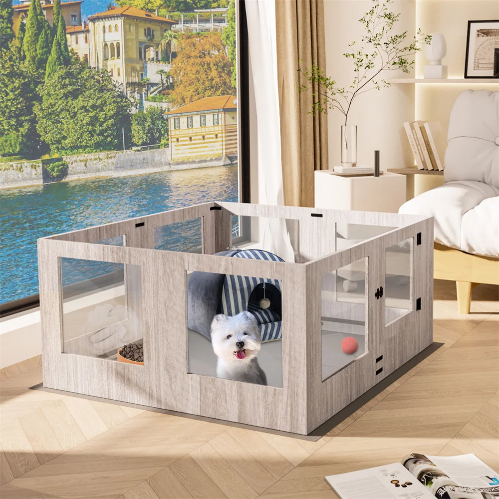 Heavy Duty Dog Whelping Box Indoor Tempered Glass Pet Dog Playpen Kennel Cage Training Enclosure Fence Rails with Waterproof Mat