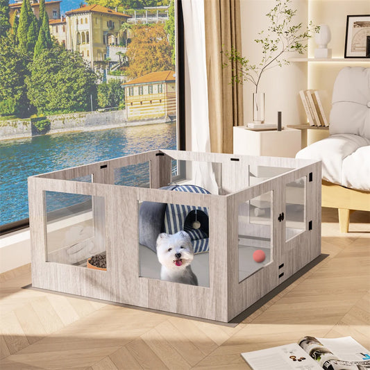 Heavy Duty Dog Whelping Box Indoor Tempered Glass Pet Dog Playpen Kennel Cage Training Enclosure Fence Rails with Waterproof Mat