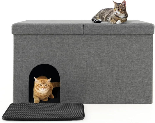 Cat Hidden Litter Box Enclosure Furniture, Cat Washroom Storage Bench with Urine Proof Litter Mat and Smell Control Carbon