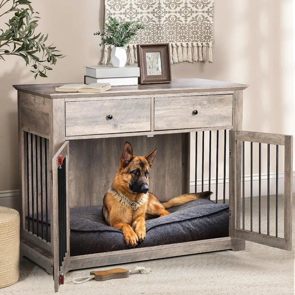44 Inch Large Dog Crate Furniture, Wooden Dog Kennel End Table with Storage Drawers, Decorative Pet Cage Dog House Indoor for D