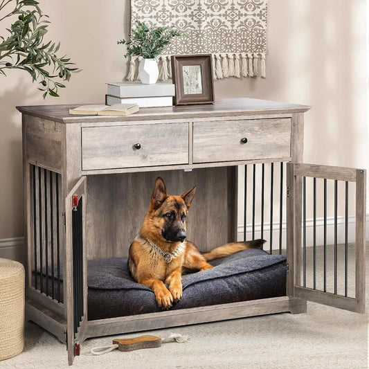 44 Inch Large Dog Crate Furniture, Wooden Dog Kennel End Table with Storage Drawers, Decorative Pet Cage Dog House Indoor for D