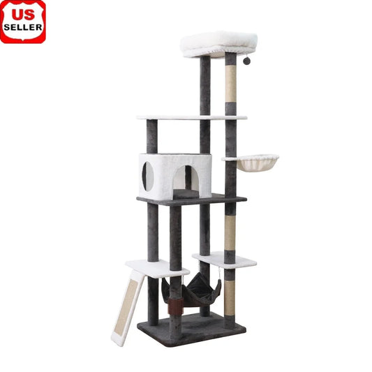 5-Level Cat Tree Sanctuary with Condo Hammock Perch Scratching Posts Plush Sofa Bed Teaser Toy Durable Jute Sisal Mat Multiple