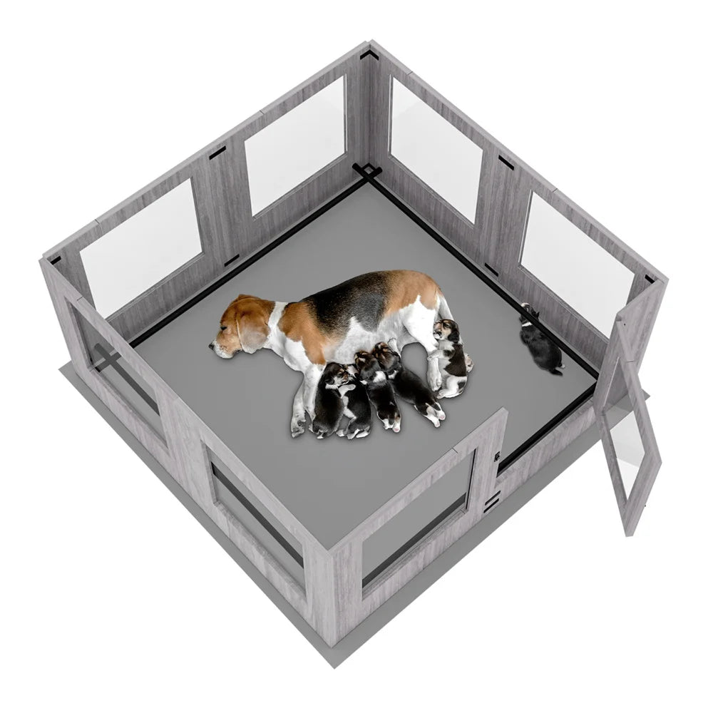 Heavy Duty Dog Whelping Box Indoor Tempered Glass Pet Dog Playpen Kennel Cage Training Enclosure Fence Rails with Waterproof Mat