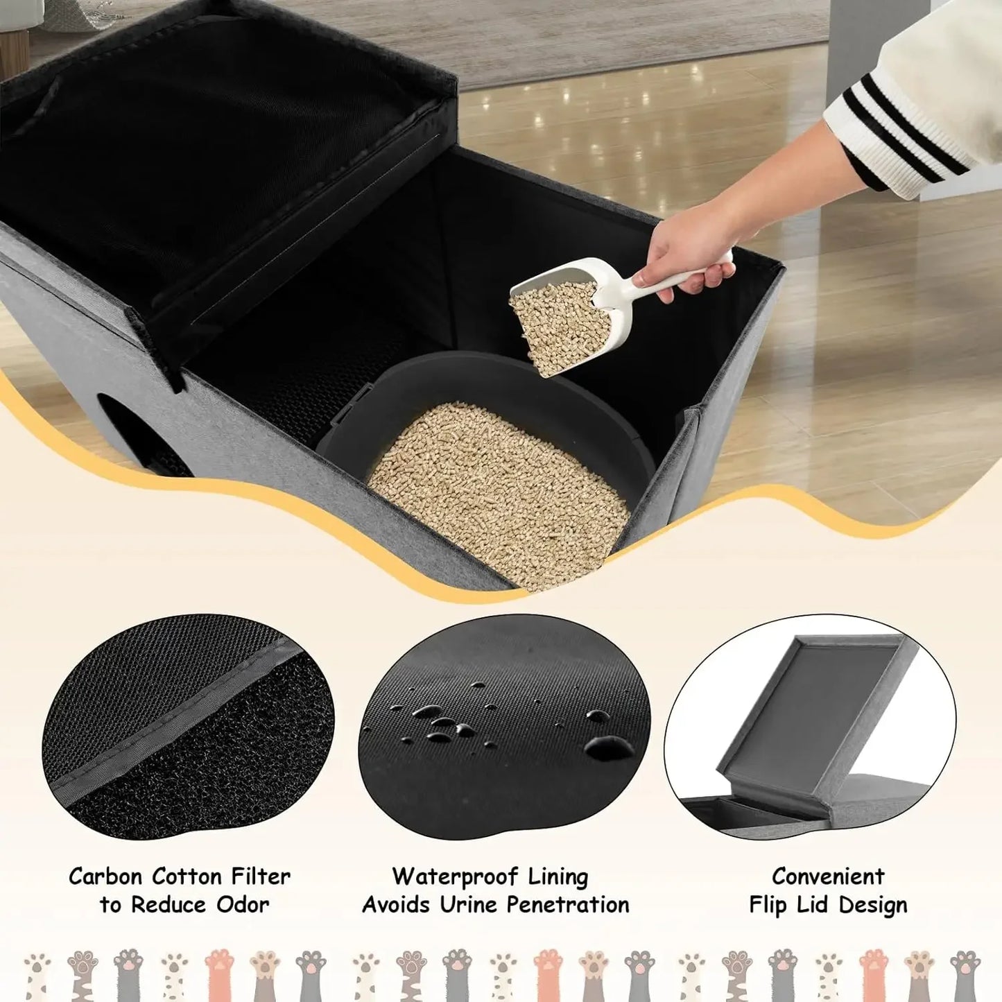 Cat Hidden Litter Box Enclosure Furniture, Cat Washroom Storage Bench with Urine Proof Litter Mat and Smell Control Carbon