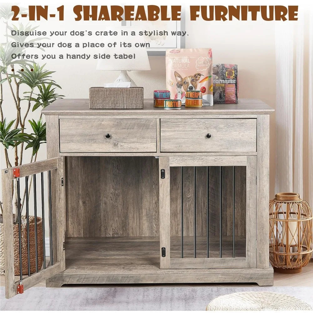 44 Inch Large Dog Crate Furniture, Wooden Dog Kennel End Table with Storage Drawers, Decorative Pet Cage Dog House Indoor for D