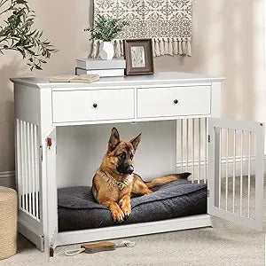 44 Inch Large Dog Crate Furniture, Wooden Dog Kennel End Table with Storage Drawers, Decorative Pet Cage Dog House Indoor for D