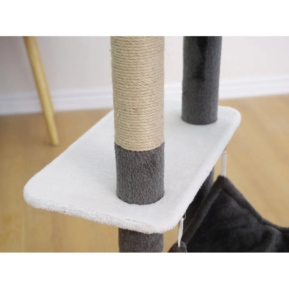 5-Level Cat Tree Sanctuary with Condo Hammock Perch Scratching Posts Plush Sofa Bed Teaser Toy Durable Jute Sisal Mat Multiple