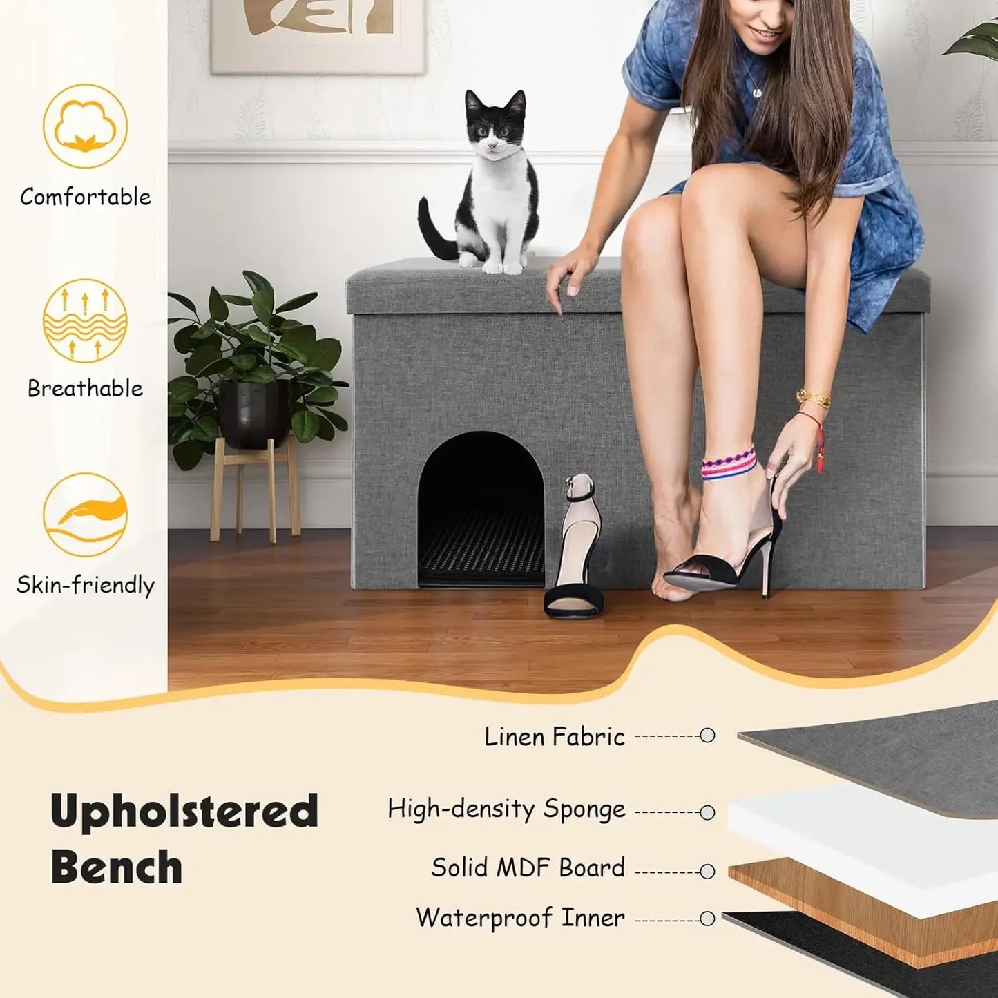 Cat Hidden Litter Box Enclosure Furniture, Cat Washroom Storage Bench with Urine Proof Litter Mat and Smell Control Carbon