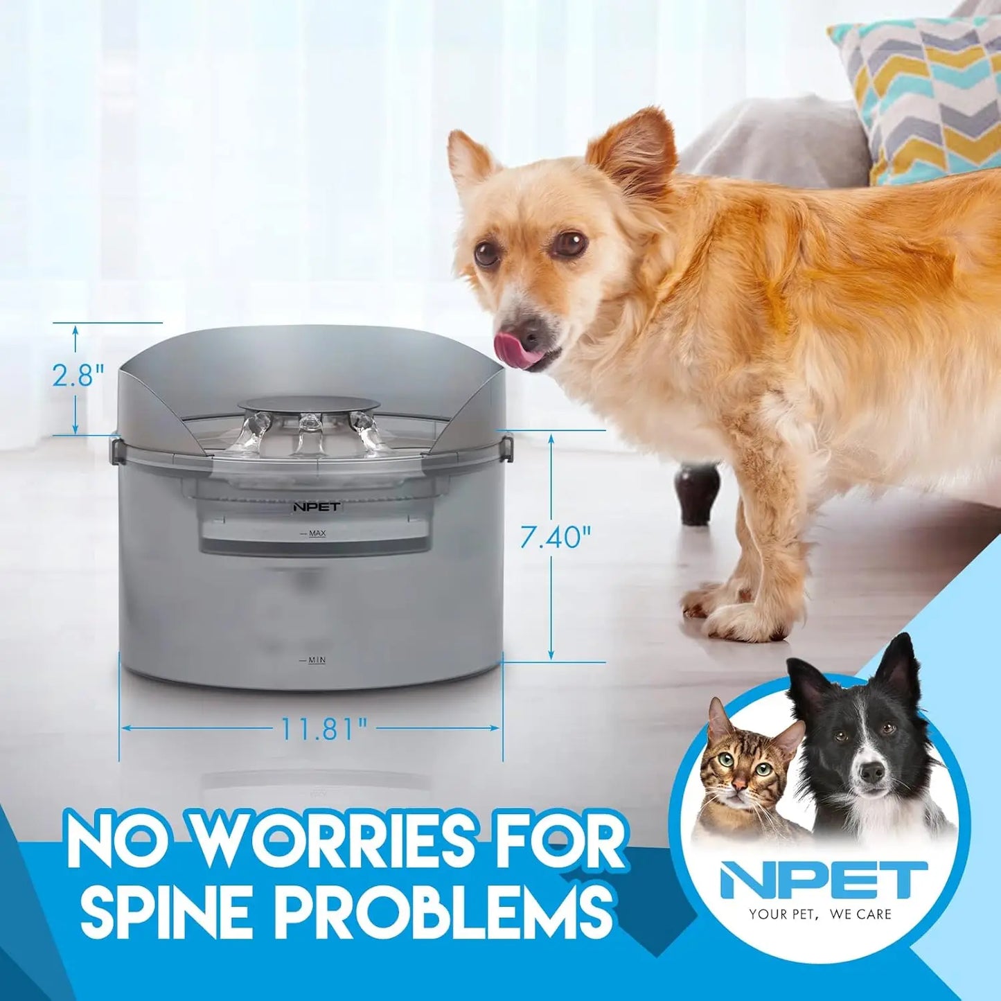 NPET DF30 Dog Water Fountain, 2 Gallon/270oz/8L Large Automatic Dog Water bowl with Splatter Guard for Large Dogs