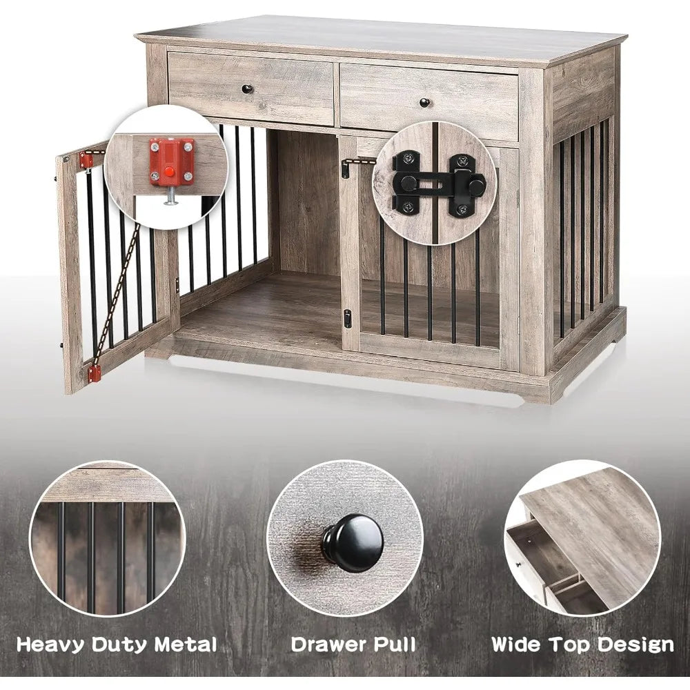 44 Inch Large Dog Crate Furniture, Wooden Dog Kennel End Table with Storage Drawers, Decorative Pet Cage Dog House Indoor for D