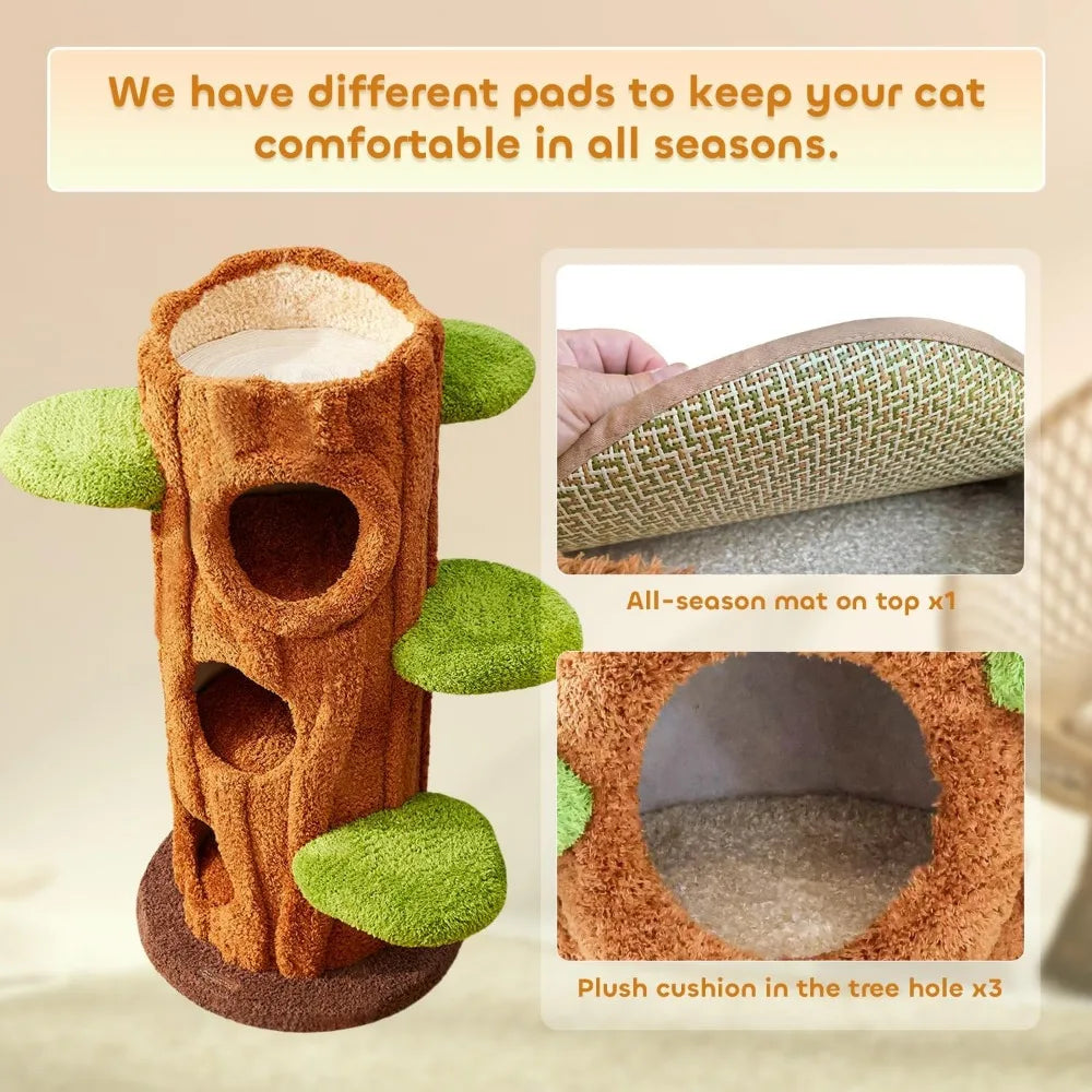 47.2'' Luxury Natural Cat Tree for Indoor Cats, Multi-Level Cat Tower with Scratching Post, Solid Wood Cat Condo for Multi-cat F