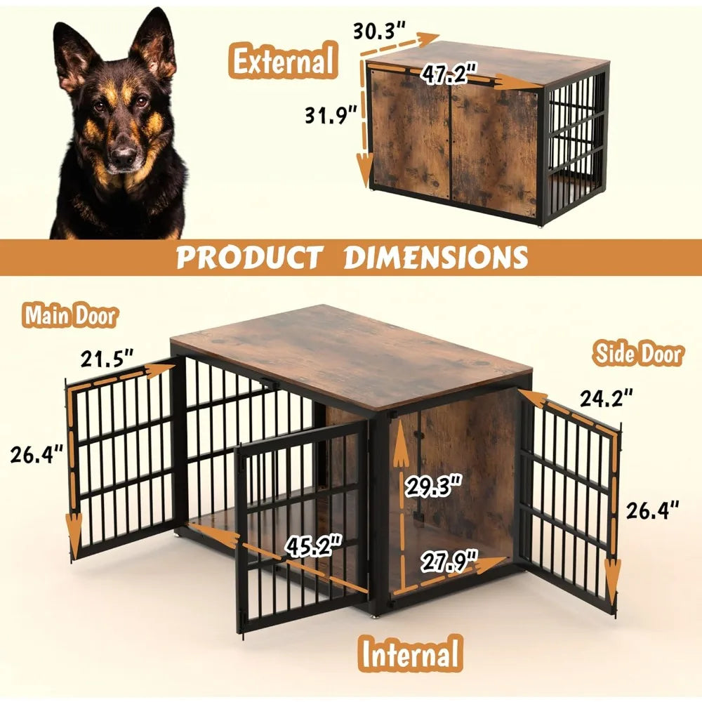 Heavy Duty Dog Crate Furniture, 47 Inch Wooden Dog Cage Kennel for Lrage and Extra Large Dogs, Decorative Pet House Furniture In