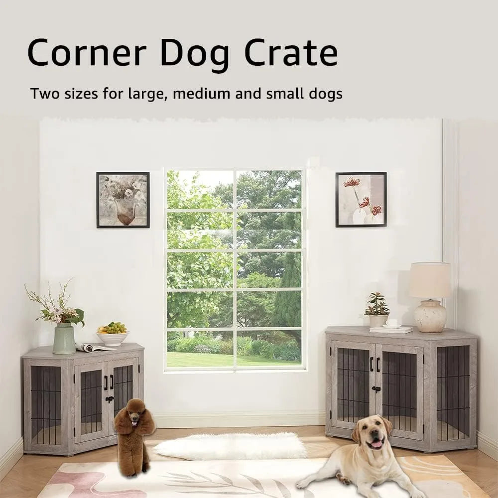Furniture Corner Dog Crate/Kennel Wooden End Table with Cushion, Indoor Pet Crate Side Table for Small Medium Dogs Puppy, Perfe